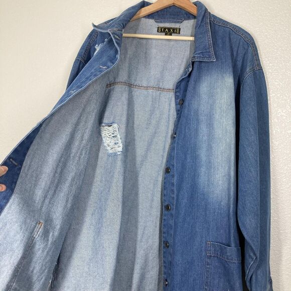 Taxi Denim Jacket Womens 3X Blue Distressed Longline Button Front Jean Coat - Picture 16 of 16
